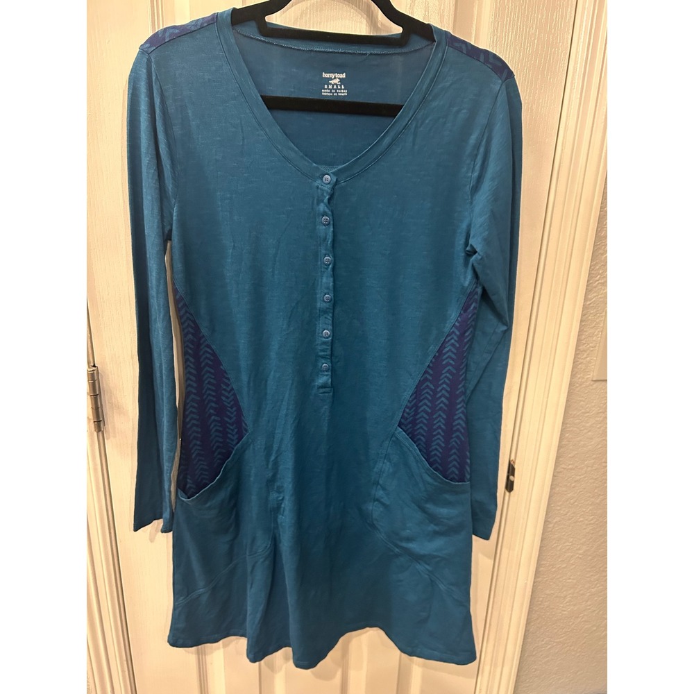 Horny‎ Toad Henley Tunic Dress Teal Blue Long Sleeve Pocket Chevron Geometric S